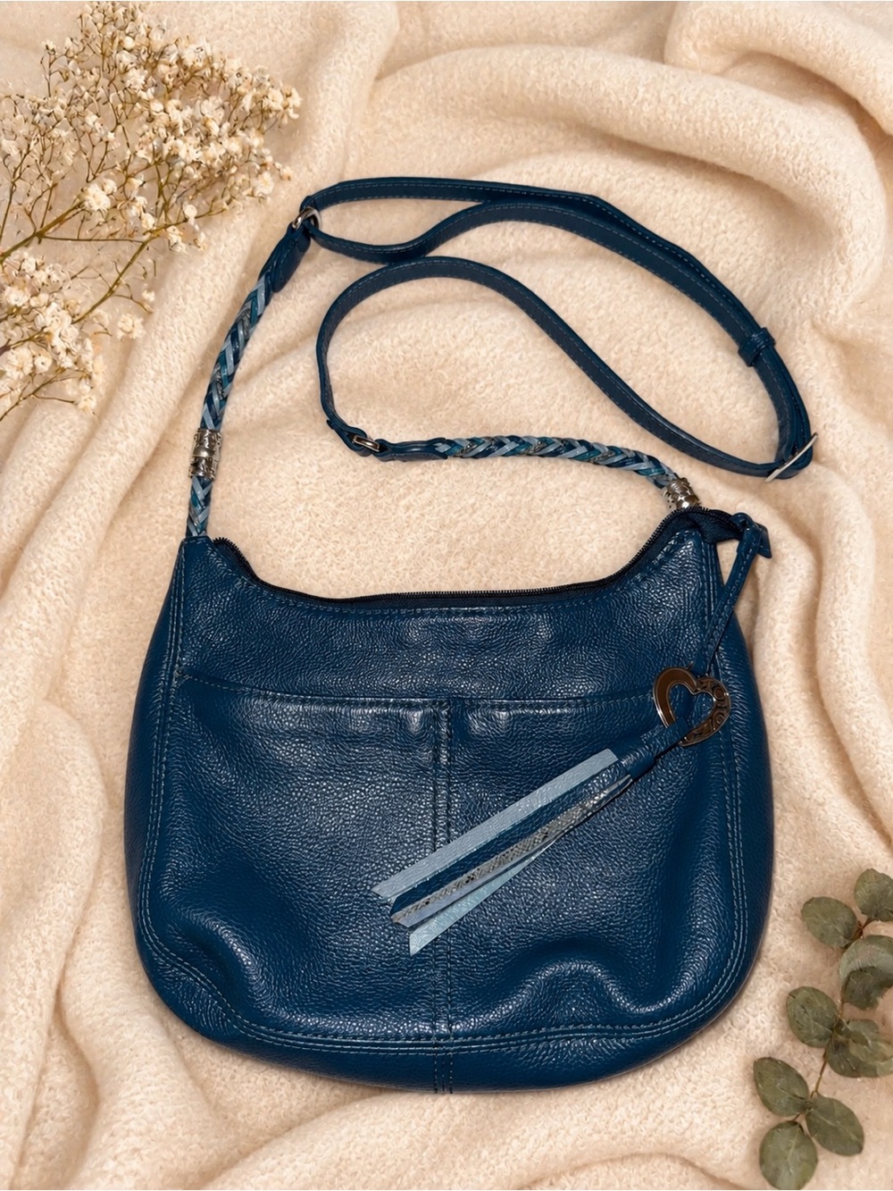Brighton Blue Pebbled Leather Crossbody Shoulder Bag Braided Strap Heart Tassel